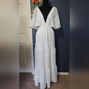 ARULA White Maxi Dress with Deep V and Flutter Sleeves